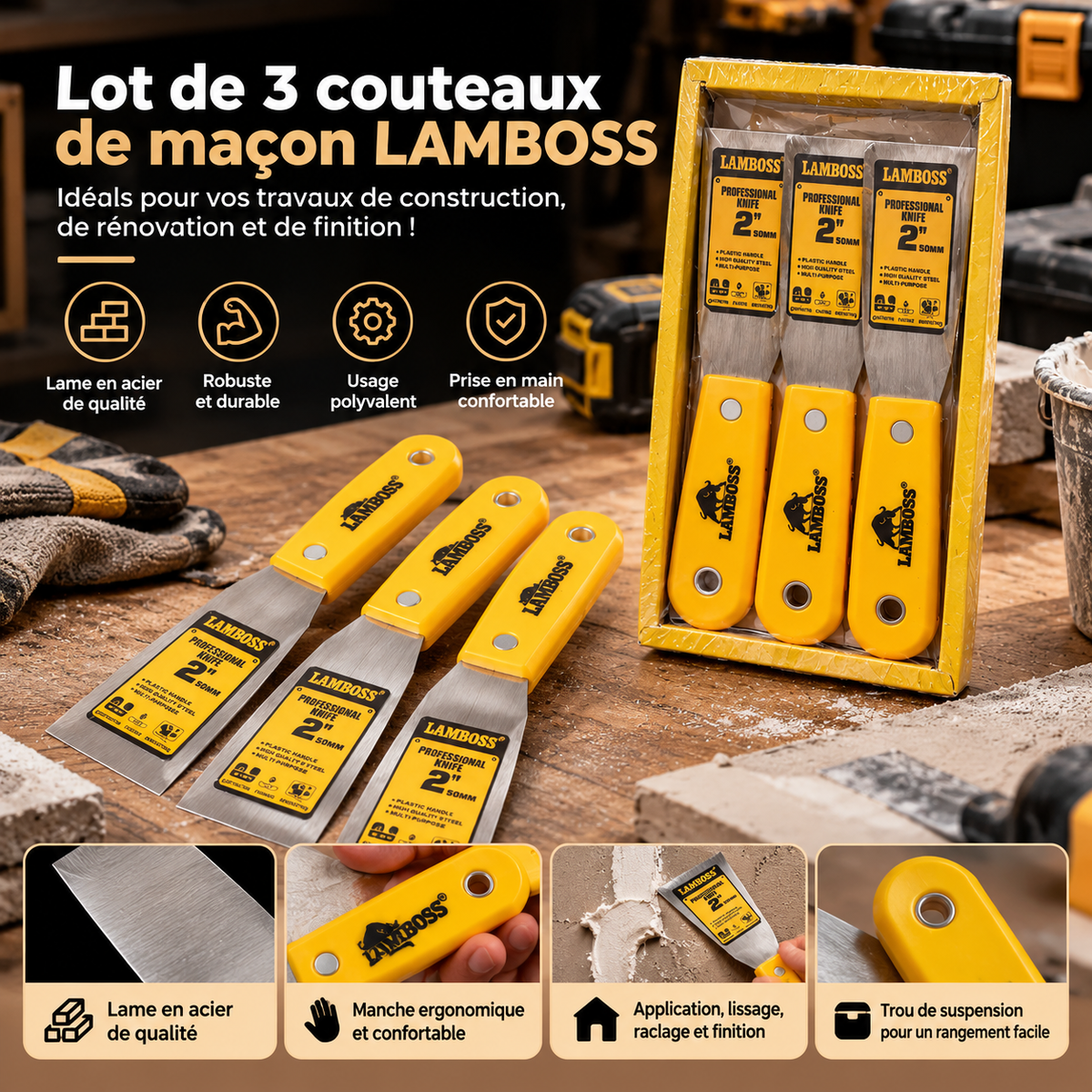 Lot de 3 couteaux de maçon