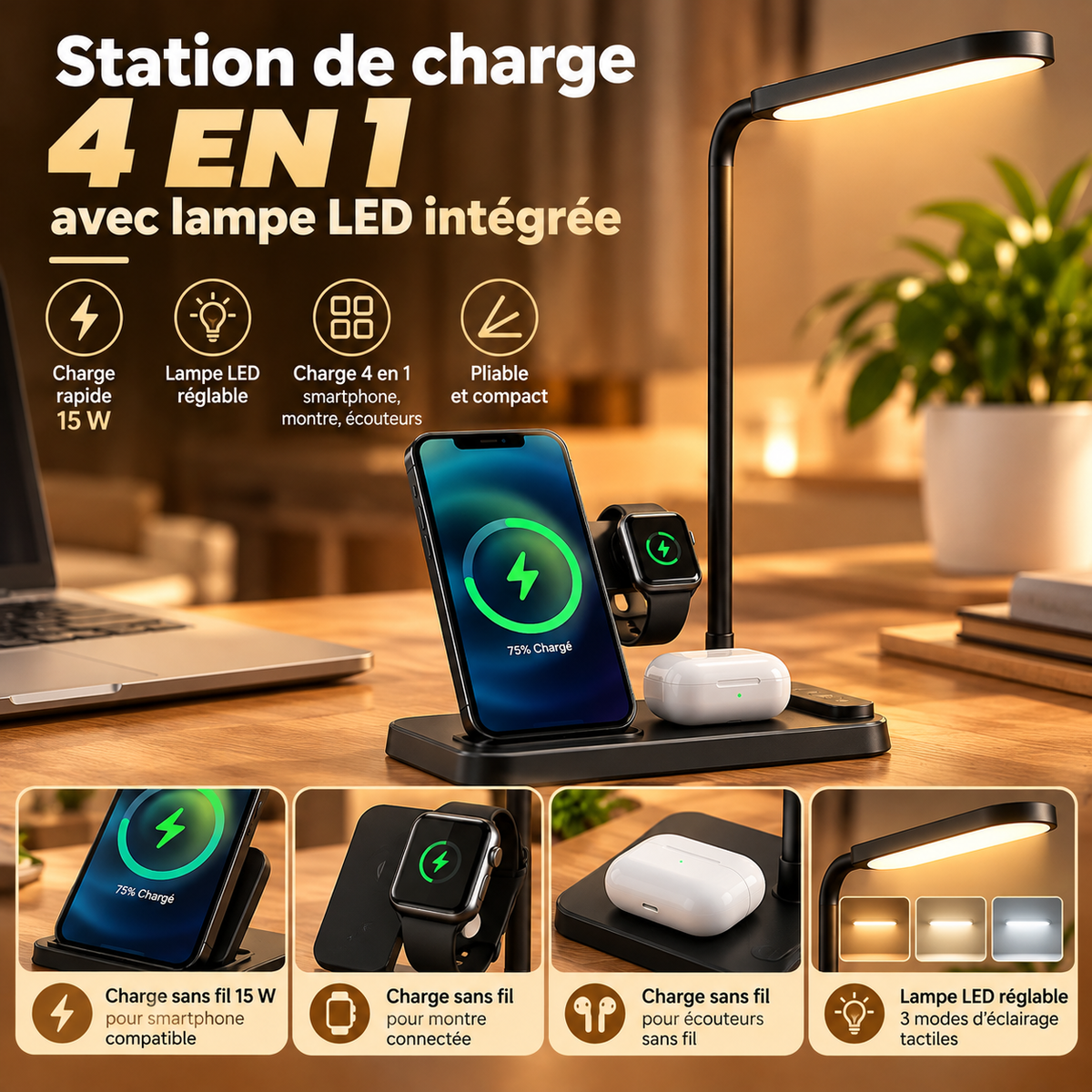 Station de charge sans fil 4en1