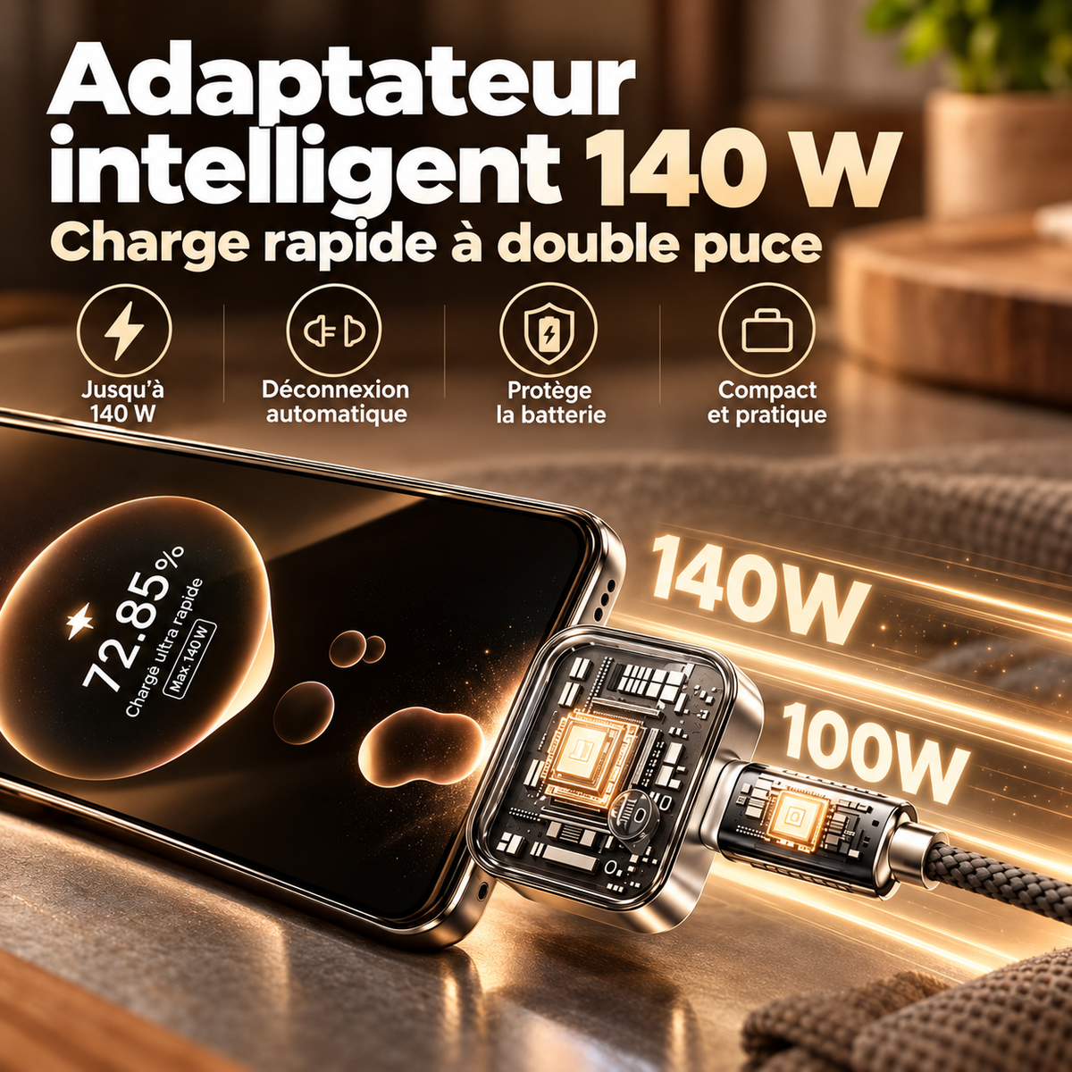 Adaptateur USB-C Charge Rapide avec Coupure Automatique