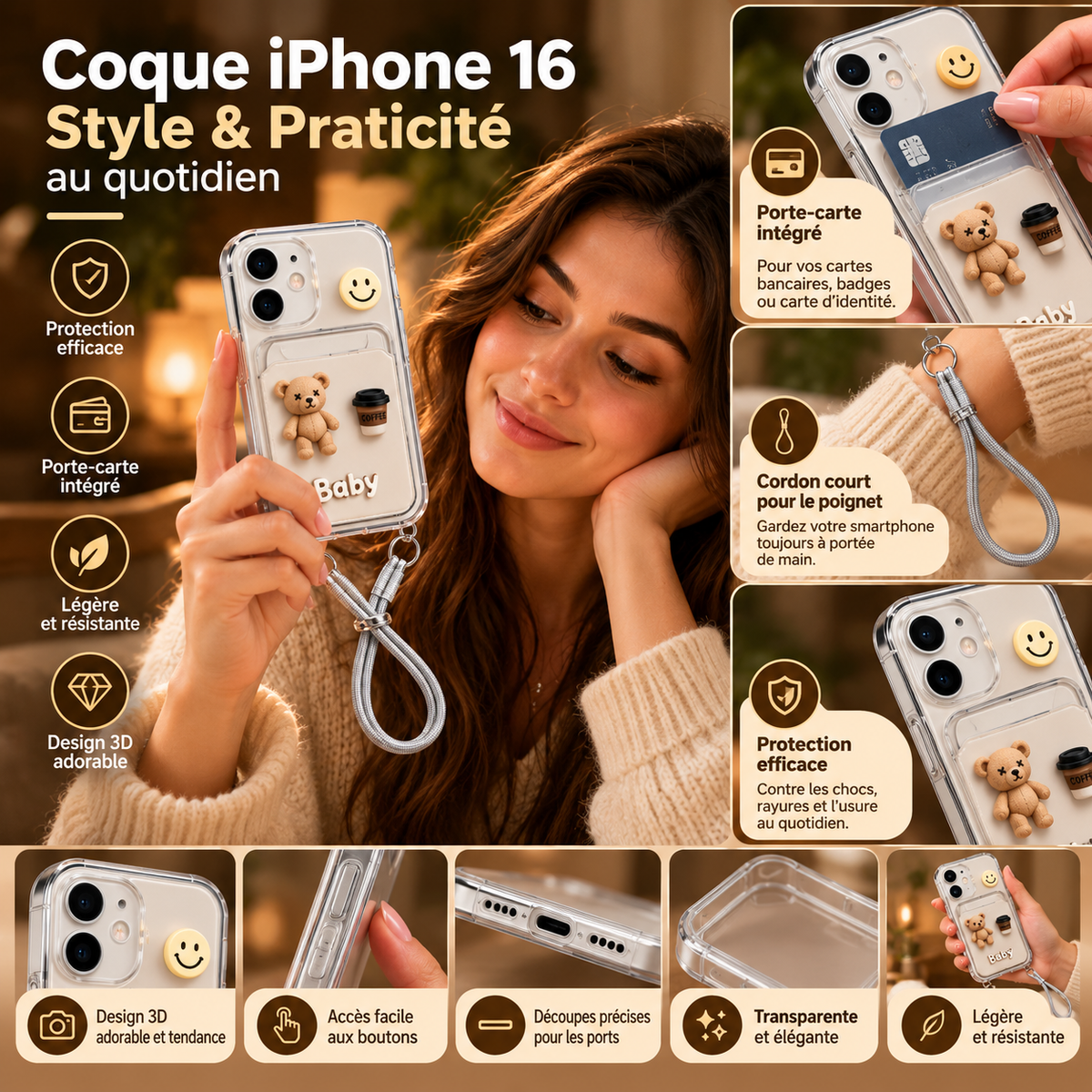 Coque Transparente pour iPhone 16 avec cordon ajustable et porte-carte