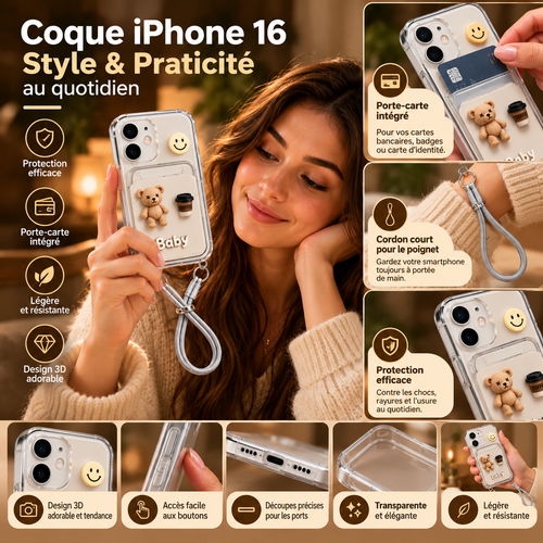 Coque Transparente pour iPhone 16 avec cordon ajustable et porte-carte