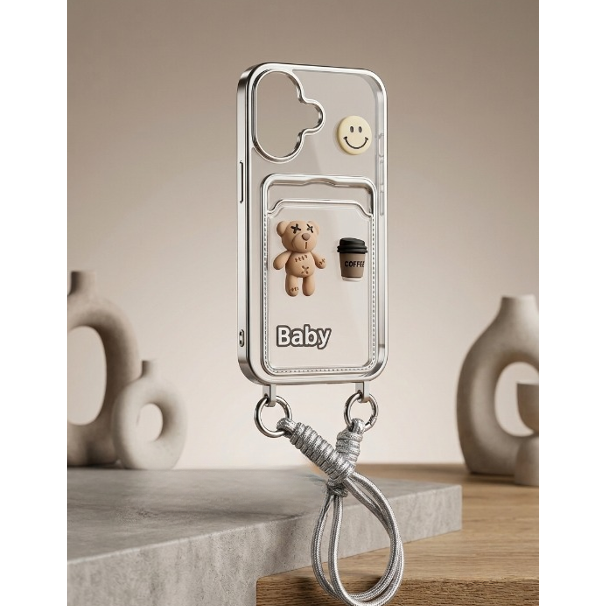 Coque Transparente pour iPhone 16 avec cordon ajustable et porte-carte