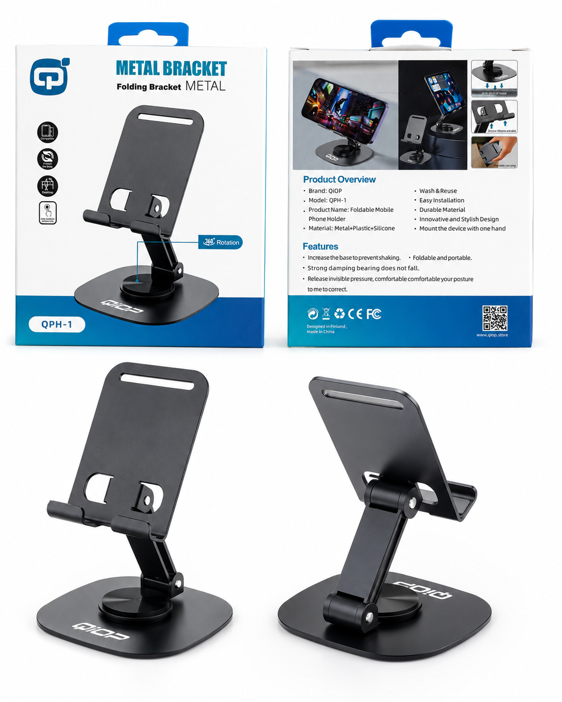 Support de téléphone pliable QiOP QPH-1 en métal