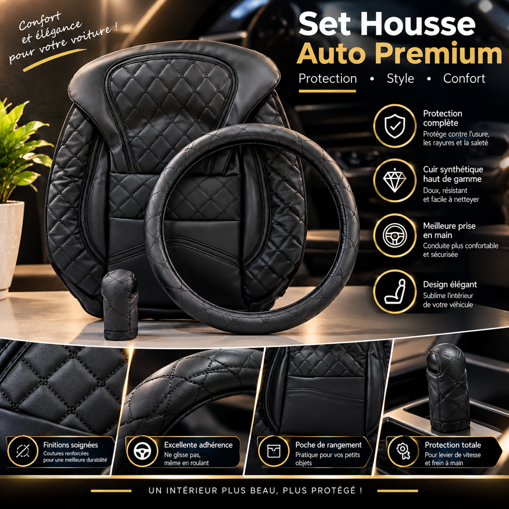 ensemble d'accessoires de voiture en similicuir noir