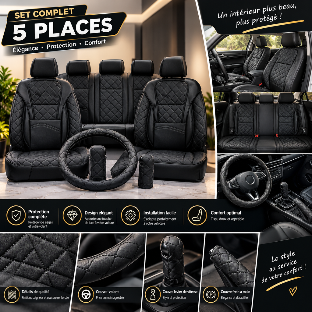ensemble d'accessoires de voiture en similicuir noir