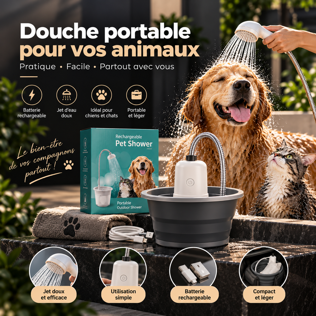 Douche portable rechargeable pour animaux
