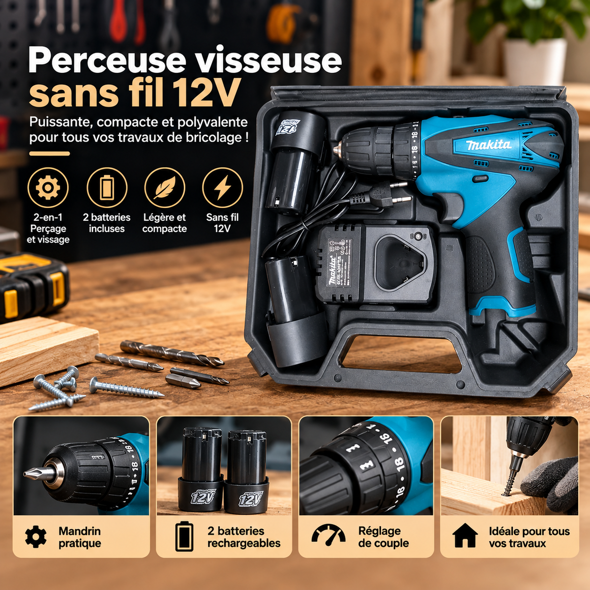 Makita Perceuse Et Visseuse 2En1 12 Volt 2 Batteries