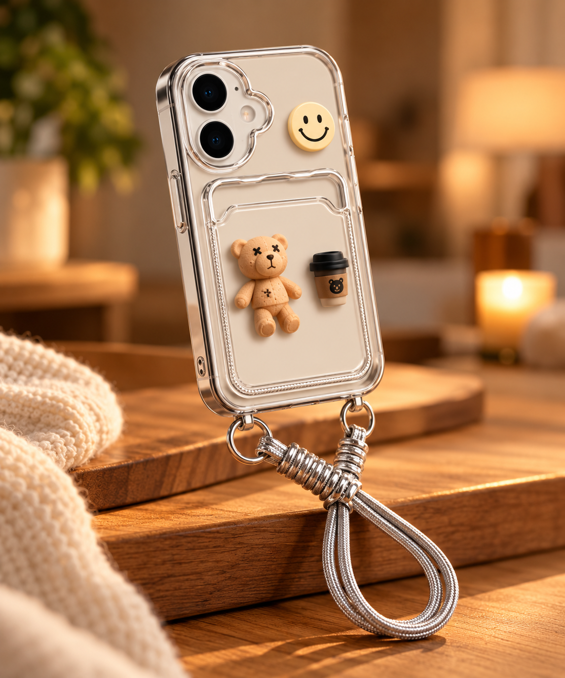 Coque Transparente pour iPhone 16 avec cordon ajustable et porte-carte